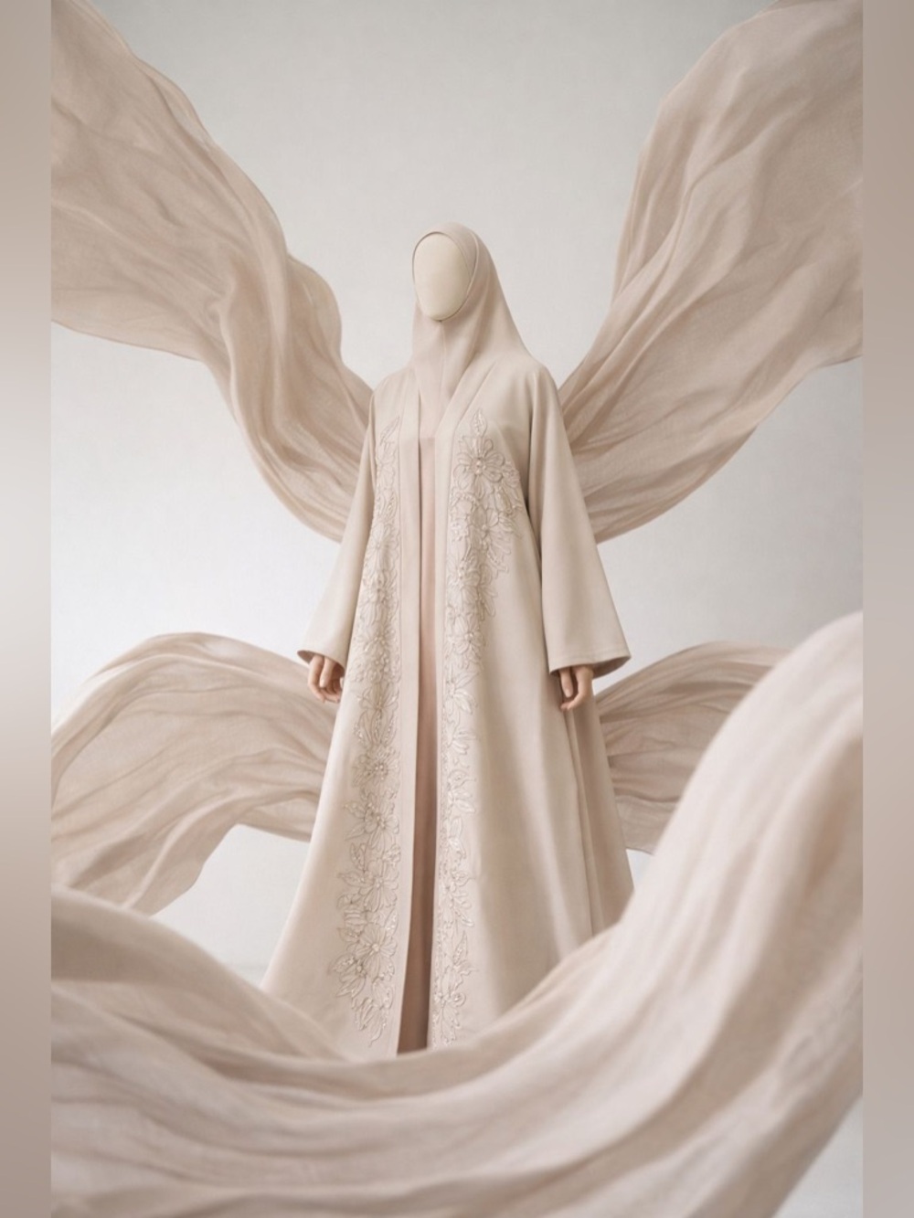 Elegant Long Sleeve Modest Dress with Embroidered Front - Cream